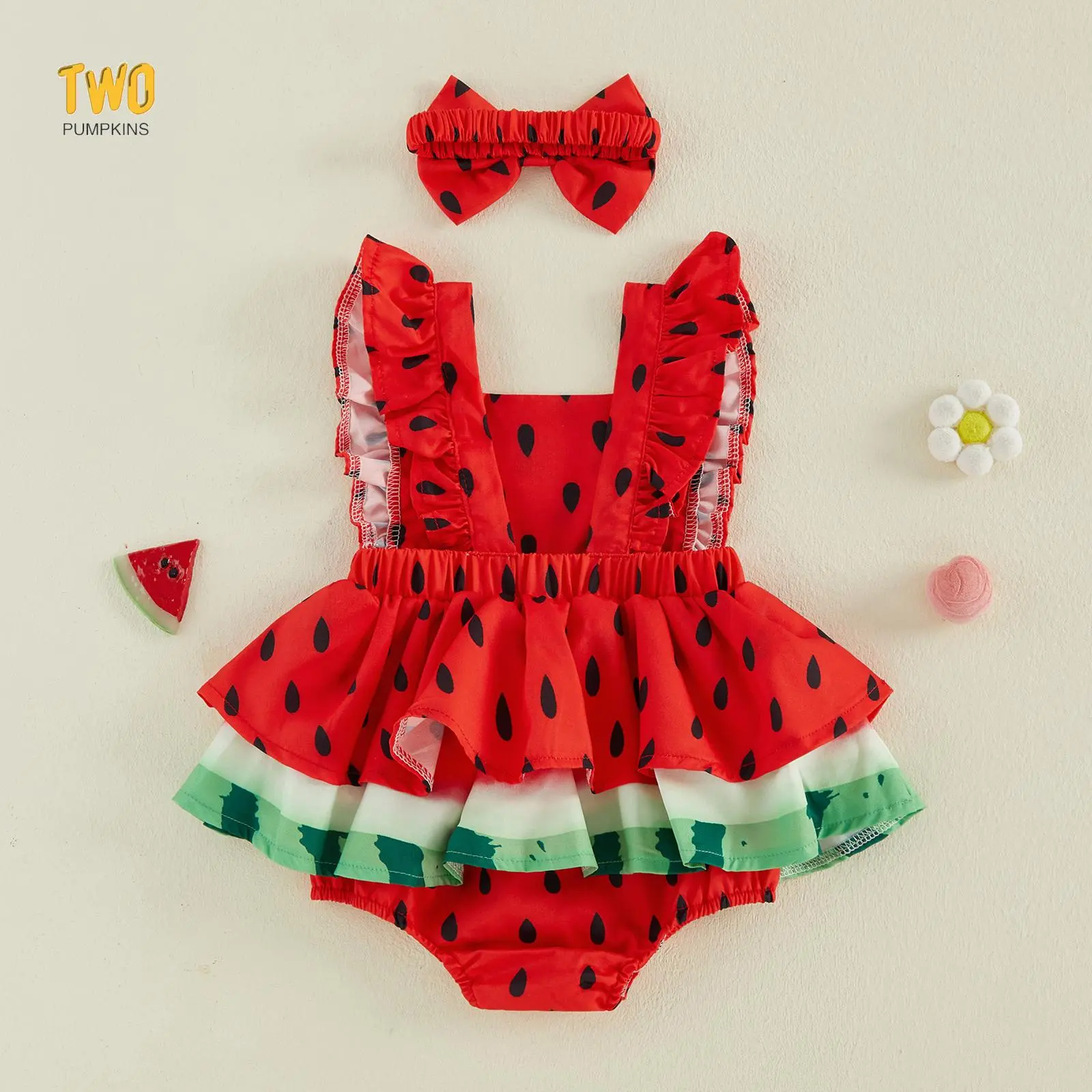 Newborn Girl Outfit, Watermelon Print Fly Sleeve Romper with Bowknot Hairband Summer Clothes