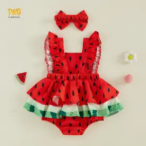 Newborn Girl Outfit, Watermelon Print Fly Sleeve Romper with Bowknot Hairband Summer Clothes