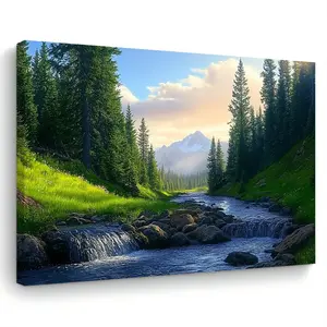 1pc Serene Emerald Green Forest Canvas Painting with Wooden Frame - Tranquil River & Mountain Landscape Wall Art, Ideal for Living Room, Bedroom, Kitchen, Office Decor - Perfect Christmas Gift, 11.8x15.7 inches, Outdoor Wall Decor, Perfect for Room D