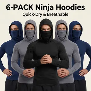6-piece set men's outdoor work sun protection clothing with sun-blocking hoodie, featuring built-in face mask and neck guard, breathable long-sleeve hoodie