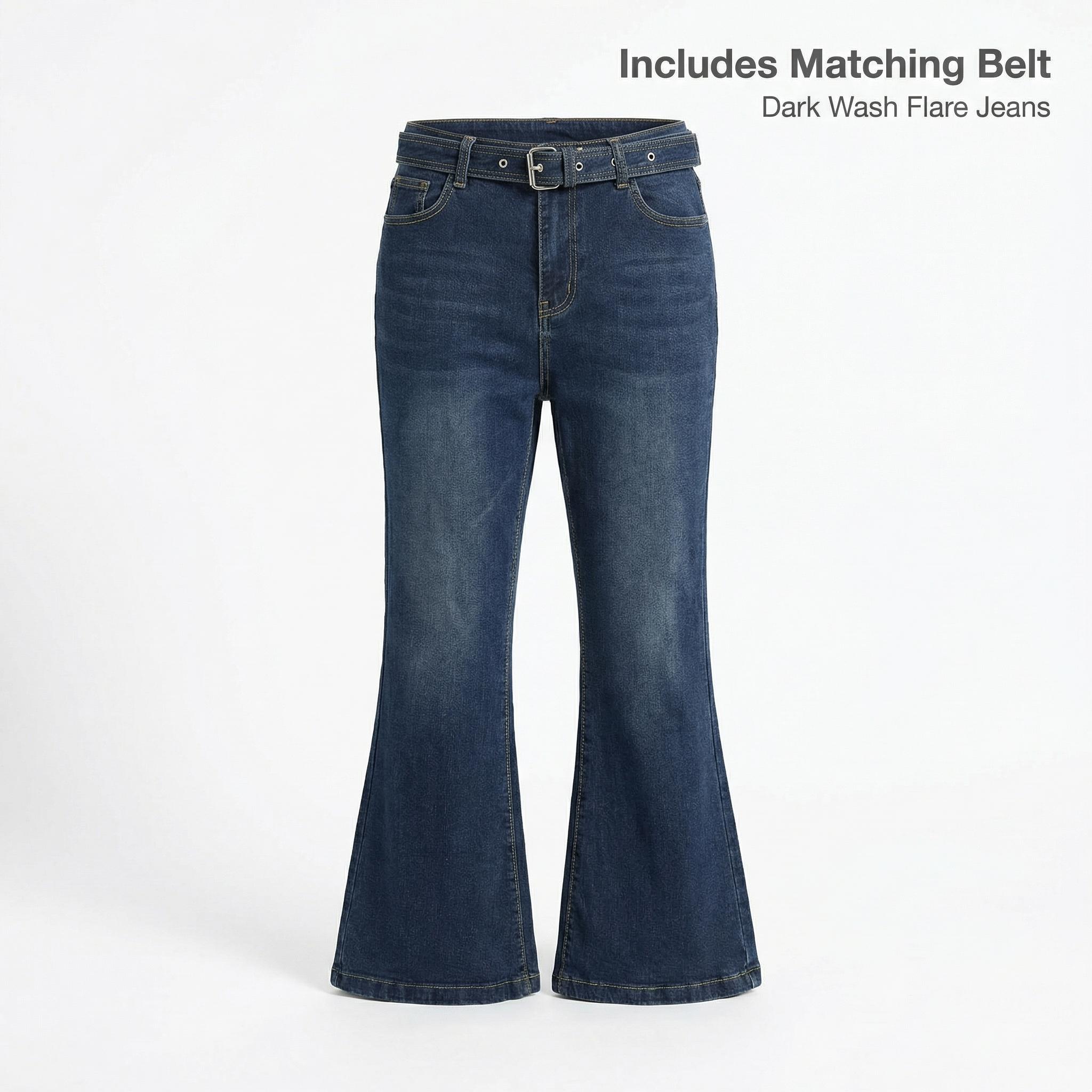 Women’s Flare Jeans Bell Bottoms Stretchy Flattering Dark Wash Denim Pants With Belt Y2K Vintage Grunge Alt Casual Streetwear