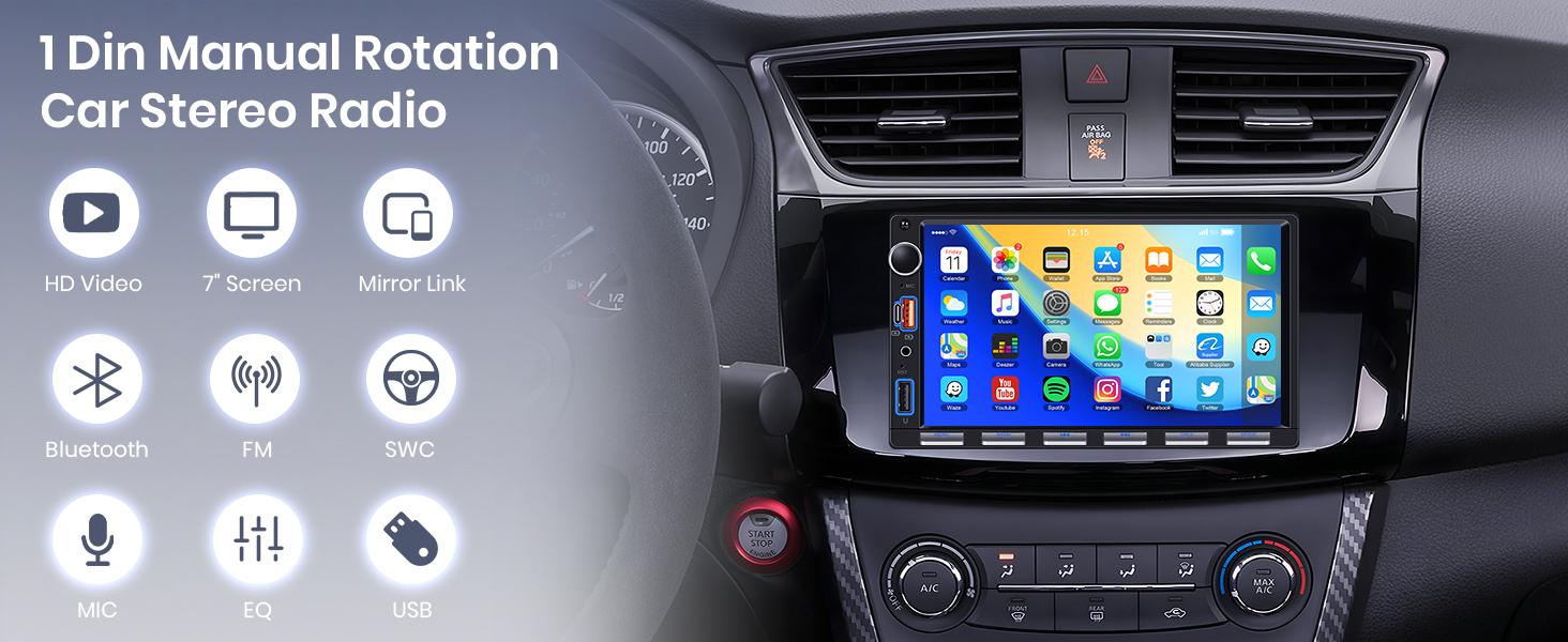 Double Din Car Radio Stereo, 7 inch Touch Screen Radio for Car Stereo Receivers, 2 Din Bluetooth Radio, Backup Camera, SWC, Mirror Link, Support FM/EQ/AUX, Type-C & USB Charging