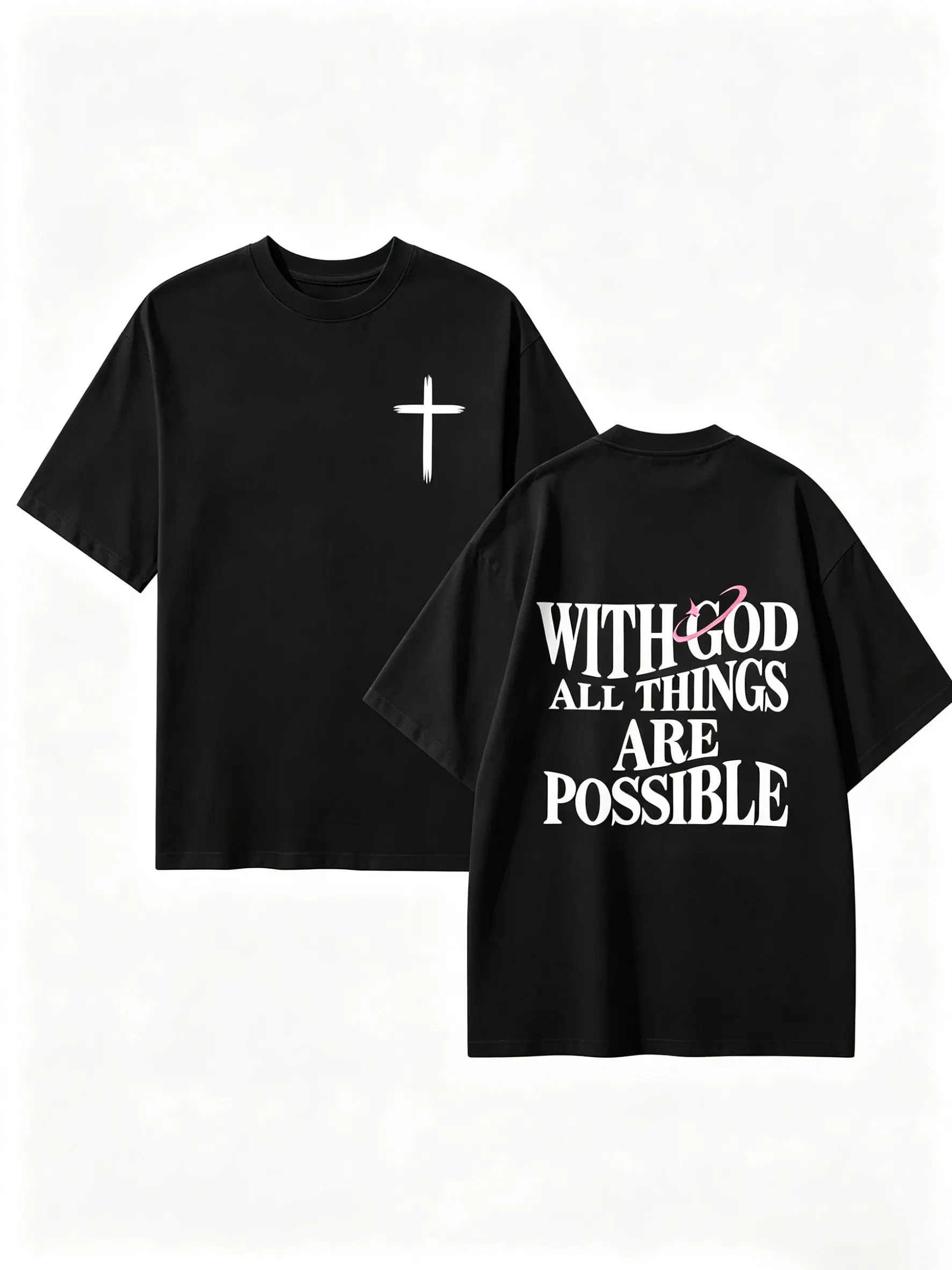 Men's Black Thick Cotton Graphic T-Shirt - White "With God All Things Are Possible" Matthew 26:41 Print, Baggy Relaxed Fit, Premium Ring-Accent Summer Casual Streetwear Tops