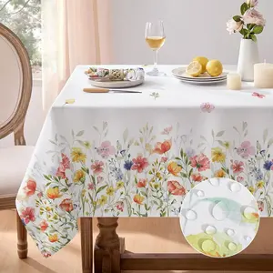 Spring Tablecloth Rectangle - Easter Waterproof Wild Flower Table Cloths, Stain Resistant Wrinkle Free Floral Table Cover for Dinner/Party/Picnic/Indoor/Outdoor, 60 x 84 Inch