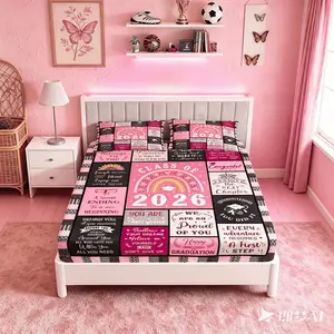 3‑Piece Class of 2026 Patchwork Fitted Sheet Set, Pink Boho Inspirational Quote Bedding, No Insert Included, Breathable Machine‑Washable Bed Sheets, Ideal for Teen Girls' Bedrooms & Graduation Gift Decor