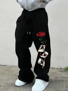 Men's Casual Sporty Long Pants, Rose Poker Floral Pattern Print, Drawstring Wide Leg, Loose-Fitting, All Seasons Wear, Casual Loose Baggy, Men's Fashion