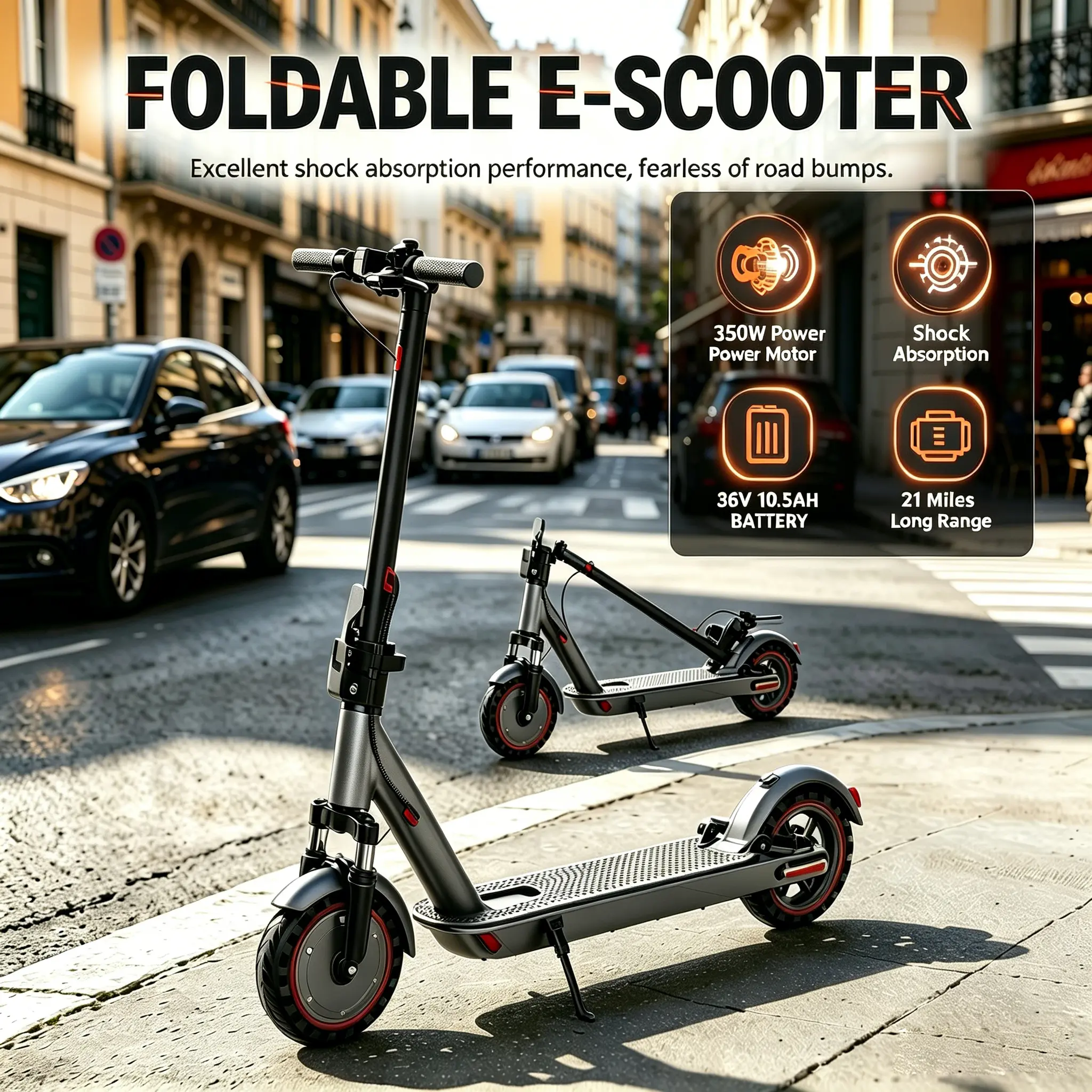 Sports & Outdoor Fitness Electric Scooter, 350W Motor, 36V 10.5AH Battery, 19Mph Max Speed, 21 Mi Long Range, Excellent Shock Absorption for Comfortable Riding