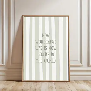 1pc Unframed Green "How Wonderful Life Is" Canvas Print - Minimalist Nursery Wall Art with Inspirational Quote, Beige & White Striped Background, Perfect for Youngsters' Room, Dorm, Playroom, or Modern Home Decor