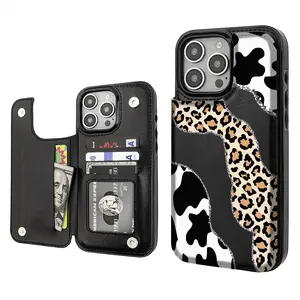 Cow leopard print Pattern Phone Cases Compatible For With iphone 17 16 15 14 13 12 PRO PLUS MAX AIR PU Black Brown Pink Durable Flip High quality Leather Credit Card Bag Holder Mother Gift Wallet Shockproof Anti-Drop Full Protection Shell Cover