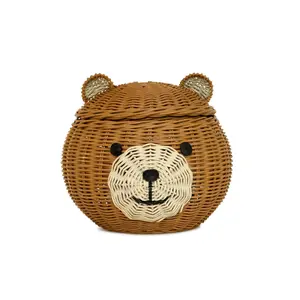 Bear Head Rattan Storage Basket with Lid Decorative Home Decor Hand Woven Shelf Organizer Cute Handmade Handcrafted Gift Art Decoration Artwork Wicker