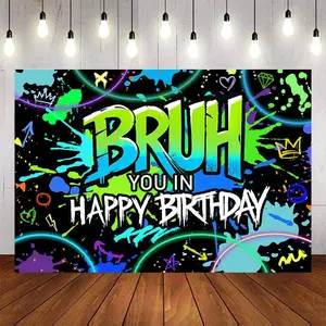 Bruh It's My Birthday Backdrop Neon Teenager Bday Party Background Neon Gamer Any  Birthday Banner Photo Booth Props Decorations (7x5ft)