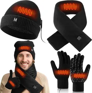 Coume USB Heated Hat Scarf Gloves Set for Men Women Black Beanie Winter Heating Scarf Touchscreen Handwarm Outdoor Sports Cycling Skiing Camping Gift