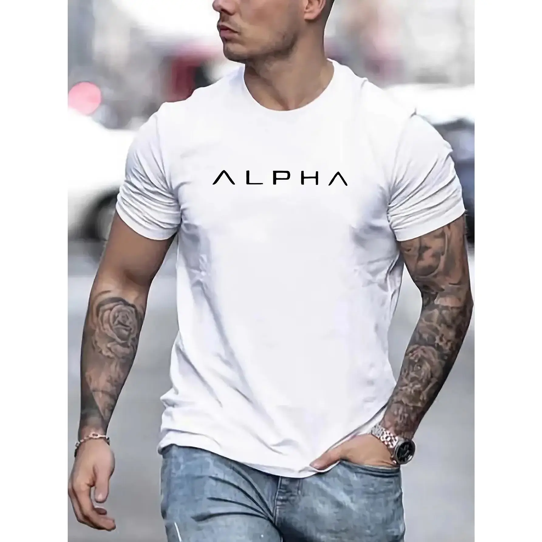 Unisex ALPHA Letter-Printed Crew Neck Short-Sleeve T-Shirt, Athletic Apparel, Activewear Fitness & Athleisure Street Fit, Comfortable Stylish Casual Top for Summer Outdoor Activities