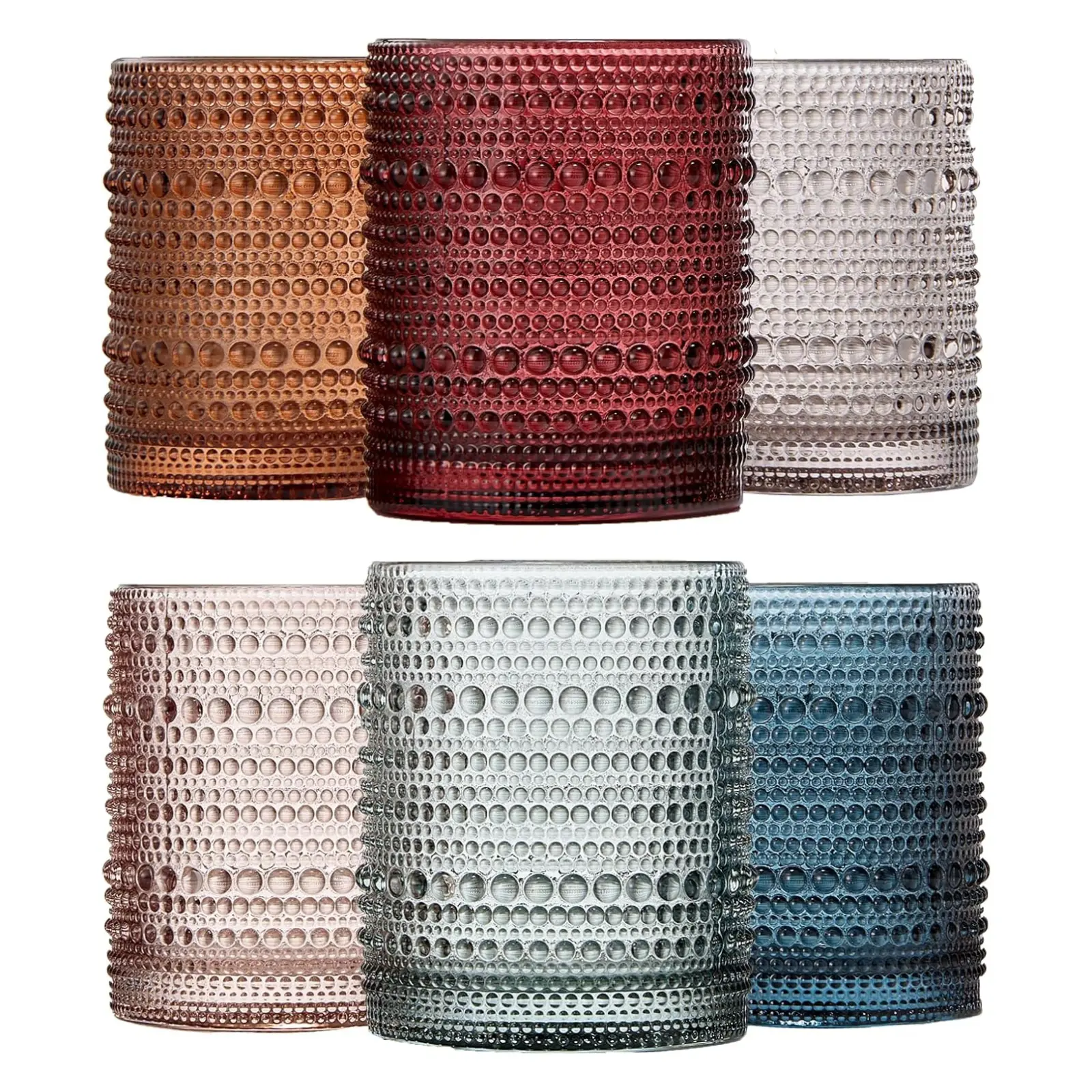 Khen Beaded Hobnail Tumbler Drinking Glasses Set | Set of 6 | Vintage Colored Hobnails 11 OZ Muted Bubble Design Whiskey, Old-Fashioned, Embossed Design Glass Water, Wine, Cocktail HAND WASH ONLY