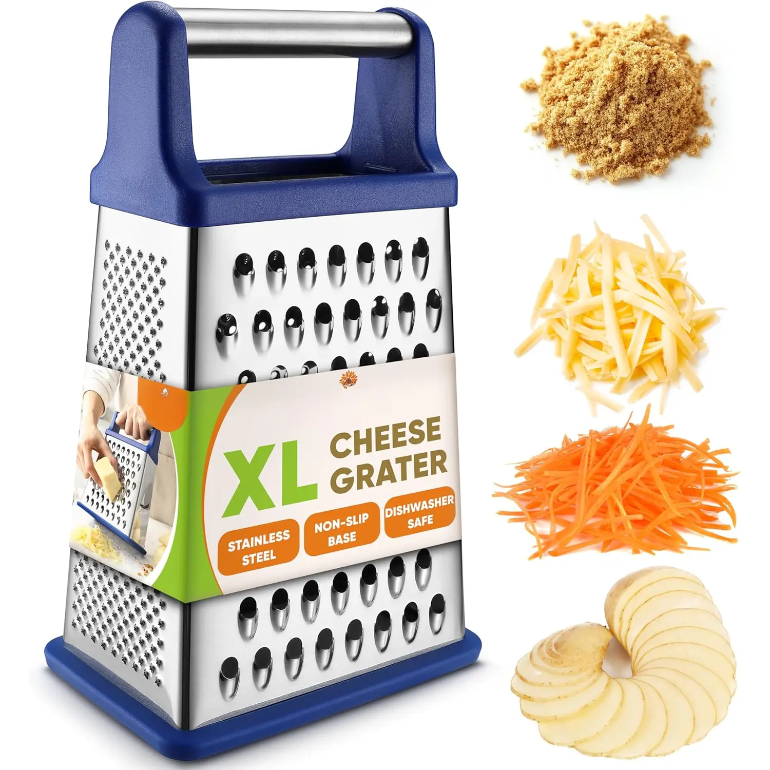 XL Stainless Steel 4-Sided Box Grater with Handle - Kitchen Utensil Slicer, Dishwasher Safe Shredder for Hash Browns, Potatoes, Cheese