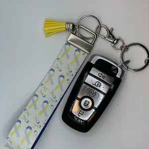 Down Syndrome Awareness Key Fob with Yellow Tassel and Blue Glitter Vinyl Backing