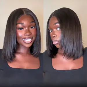 CurlyMe 9x6 Tpart Wear Go Layered Cut Bob Yaki Straight Wig Natural Black Deep Part Lace Glueless Wig With Elastic String