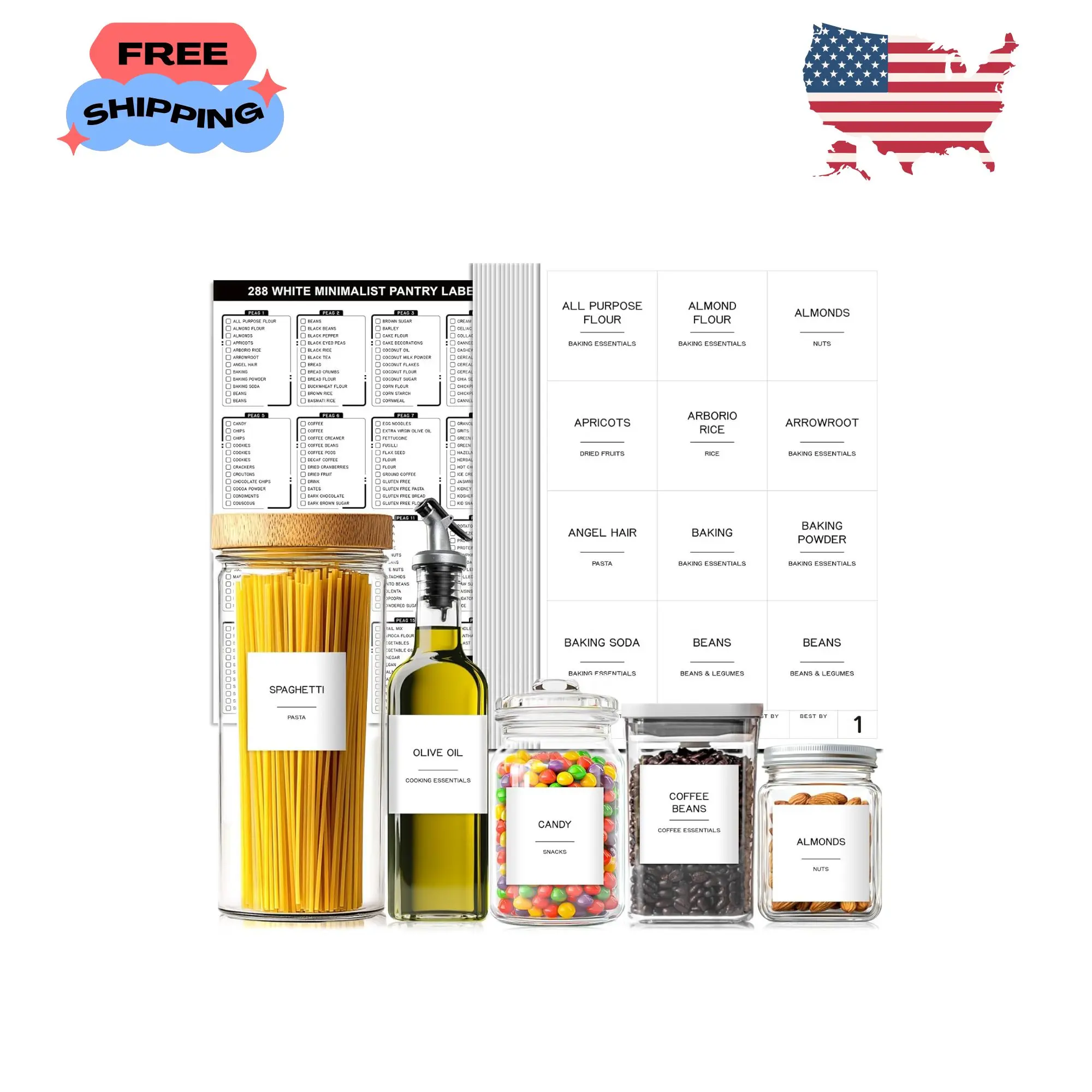 288 Pantry Labels for Food Containers, Preprinted Minimalist Waterproof Stickers