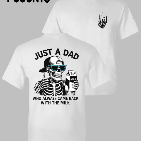 Men's Regular Fit Skeleton Drinking Milk Print Round Neck Tee, Letter Print Short Sleeve Crew Neck T-shirt for Daily Wear, Tropical Casual Graphic Tee, Men's Top for Summer, Graphic Print Tees