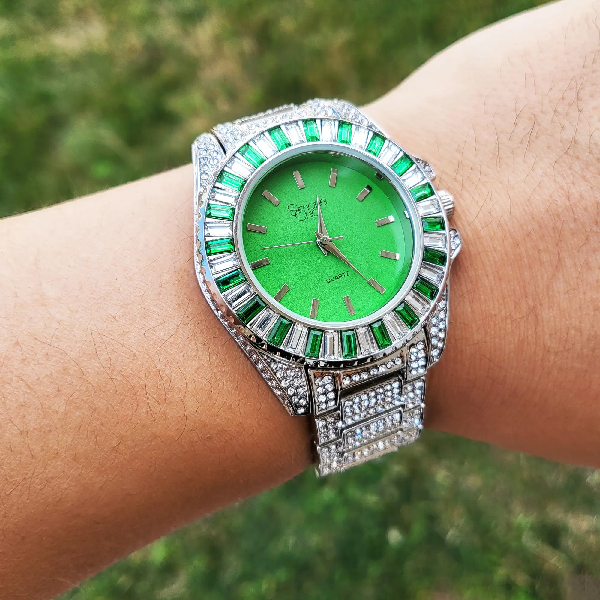 MaxBling81 Women's Luxury Hip Hop 38mm Iced Silver-Plated Analog Round Watch - Green Dial, Baguette Stones Metal Band, Fashion Unisex Watch for Women, Watches For Women