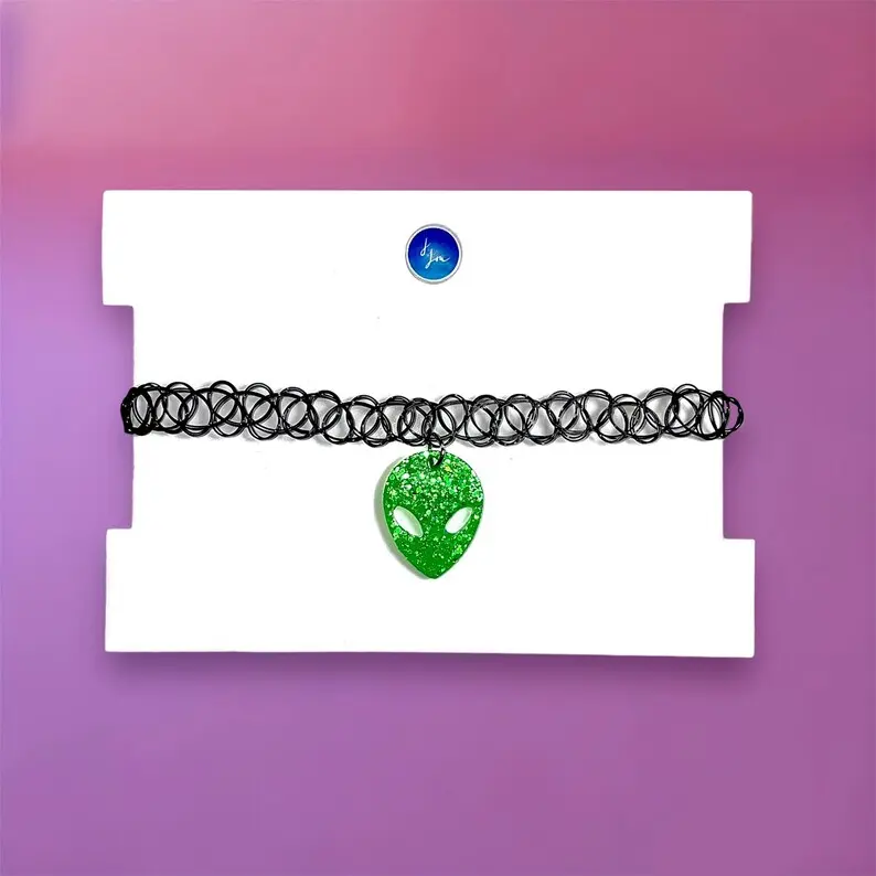 Glow In The Dark Alien Head Choker Necklace, 90s Black Stretch Choker, Womens Rave Festival Accessories, Fun Statement Jewelry, Gift For Her