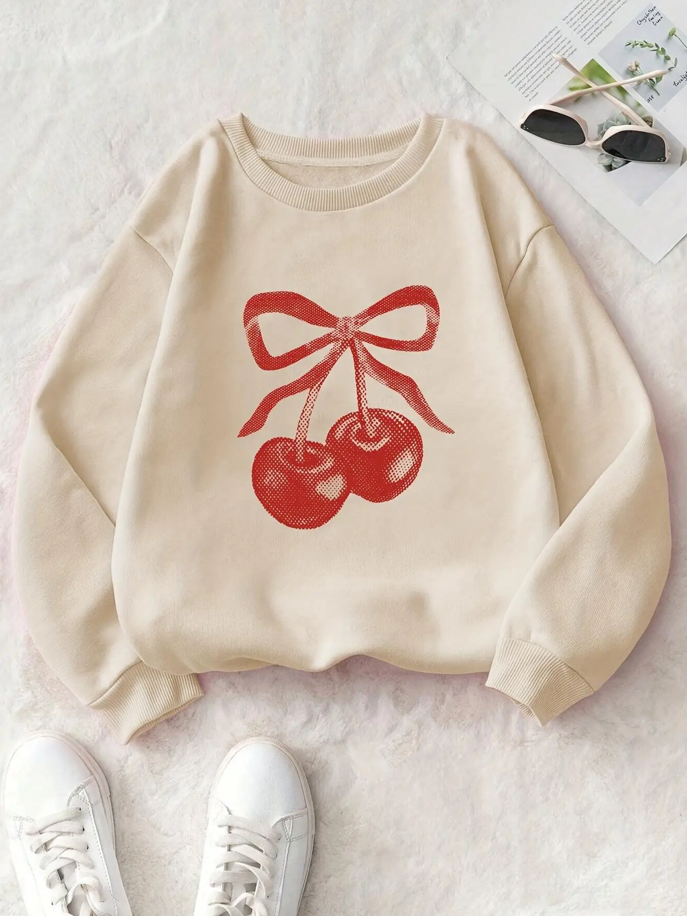 Girl's Cherry Print Drop Shoulder Sweatshirt, Casual Long Sleeve Round Neck Pullover for Fall & Winter, Kids Clothes for Daily Wear