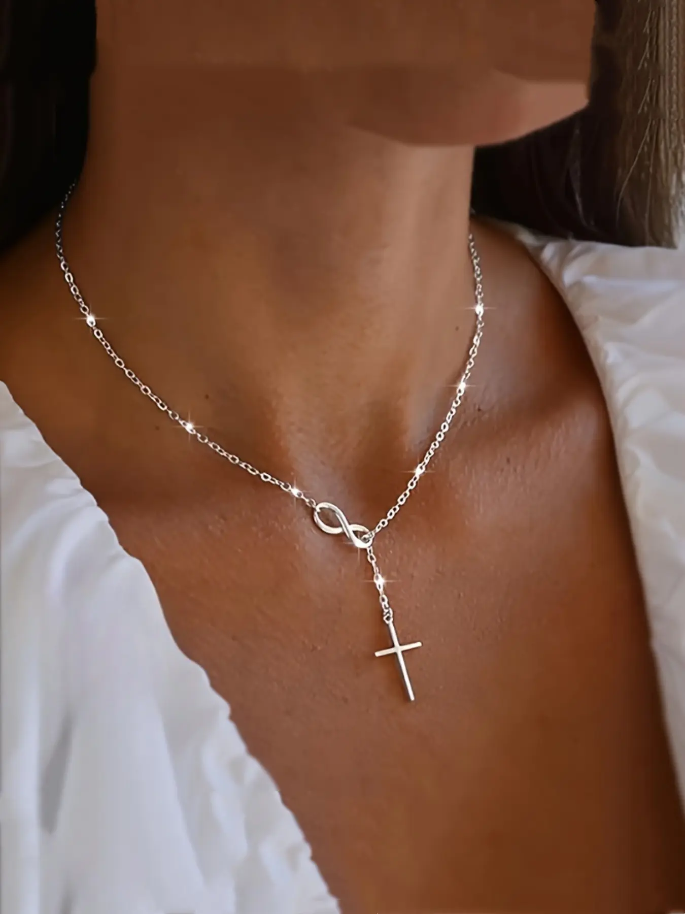 Luxurious Infinity Lucky 8 Cross Pendant Necklace, Cross Design Necklace, Chain Necklace, Casual Style Necklaces, Alloy Material, Timeless Classic Style, Perfect for Daily Wear, Christmas Gifts