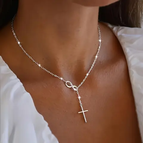 Luxurious Infinity Lucky 8 Cross Pendant Necklace, Cross Design Necklace, Chain Necklace, Casual Style Necklaces, Alloy Material, Timeless Classic Style, Perfect for Daily Wear, Christmas Gifts, Everyday Wear Jewelry