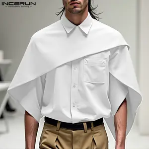 INCERUN Men's Polyester Deconstructed Petal Cape Short-Sleeve Shirt - Plain, Casual Menswear Ideal for Banquets, Festivals, Suits