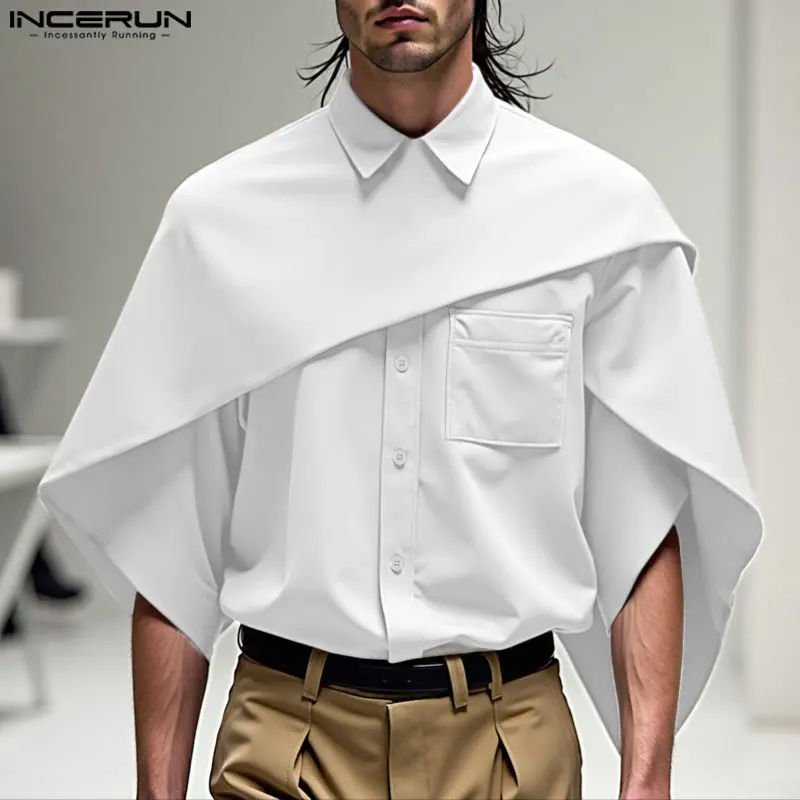 INCERUN Men's Polyester Deconstructed Petal Cape Short-Sleeve Casual Loose Suit Shirt - Plain Menswear Top, Ideal for Banquets, Festivals