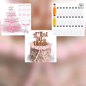 Festive Party Kit - 20 Stackable Unbreakable 5oz Martini Glasses, 30 Mini 1.7oz Liquor Bottles with Lids, Cake Topper, Ribbons, Olive Skewers (for Weddings & Home Festive Occasions)
