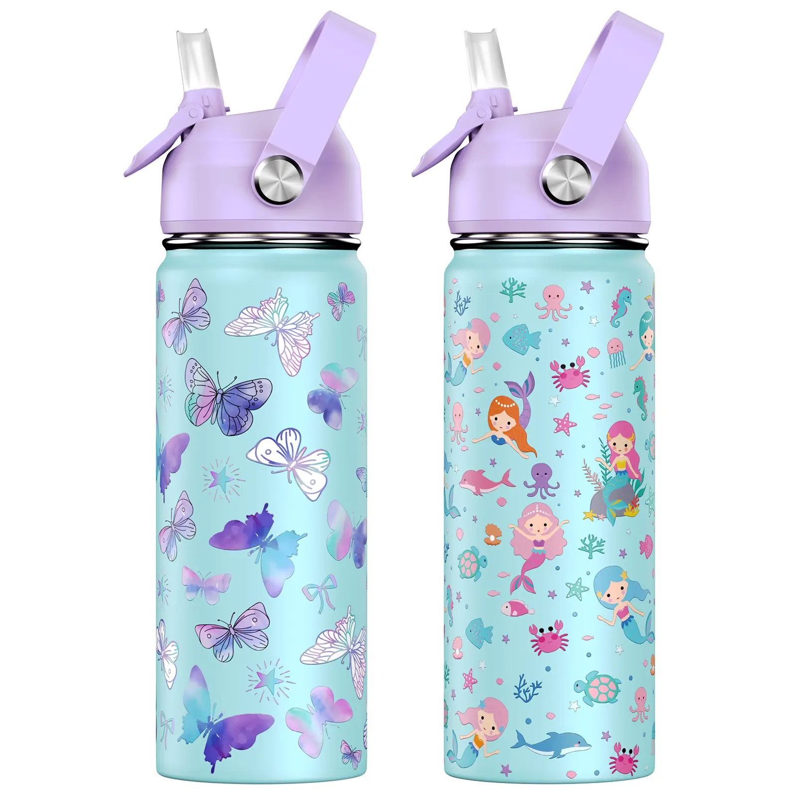 SIMILOVE 2-pack 14oz/18oz Kids Insulated Water Bottle with Straw Lid - 18/8 Stainless Steel Kid Cup Travel Tumbler Double Wall Vacuum Leak Proof Portable Toddler Water Bottle