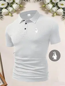 Men's Casual Short Sleeve Polo Shirt, Geometric Pattern, Loose-Fitting, Breathable Fabric, Outdoor Sports, Penguin Print, Gift Idea
