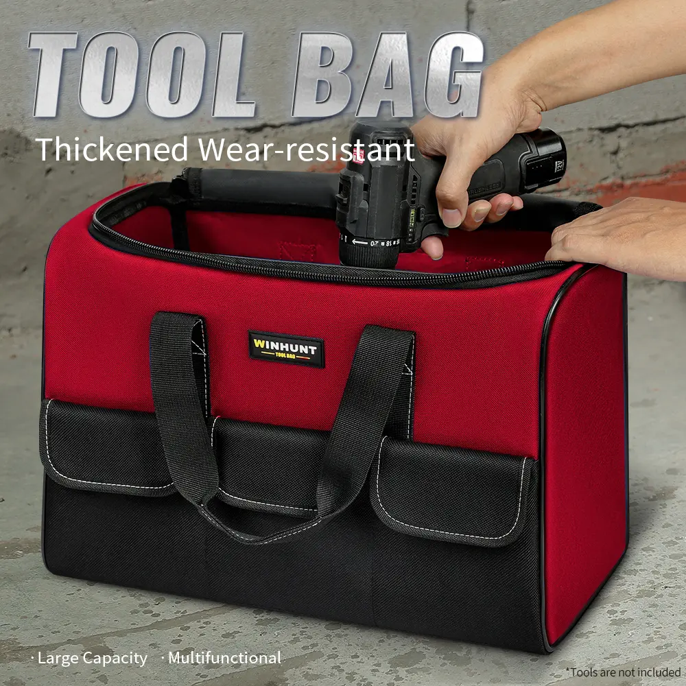 WINHUNT 17in Portable Multi-Tool Bag for Men, Sturdy Waterproof 600D Fabric Organizer with 6 Pockets, Double Zipper, 16.9x11.8x9.8in, Red and Black, Portable Multi-Tool Bags, Sturdy Tool Bags
