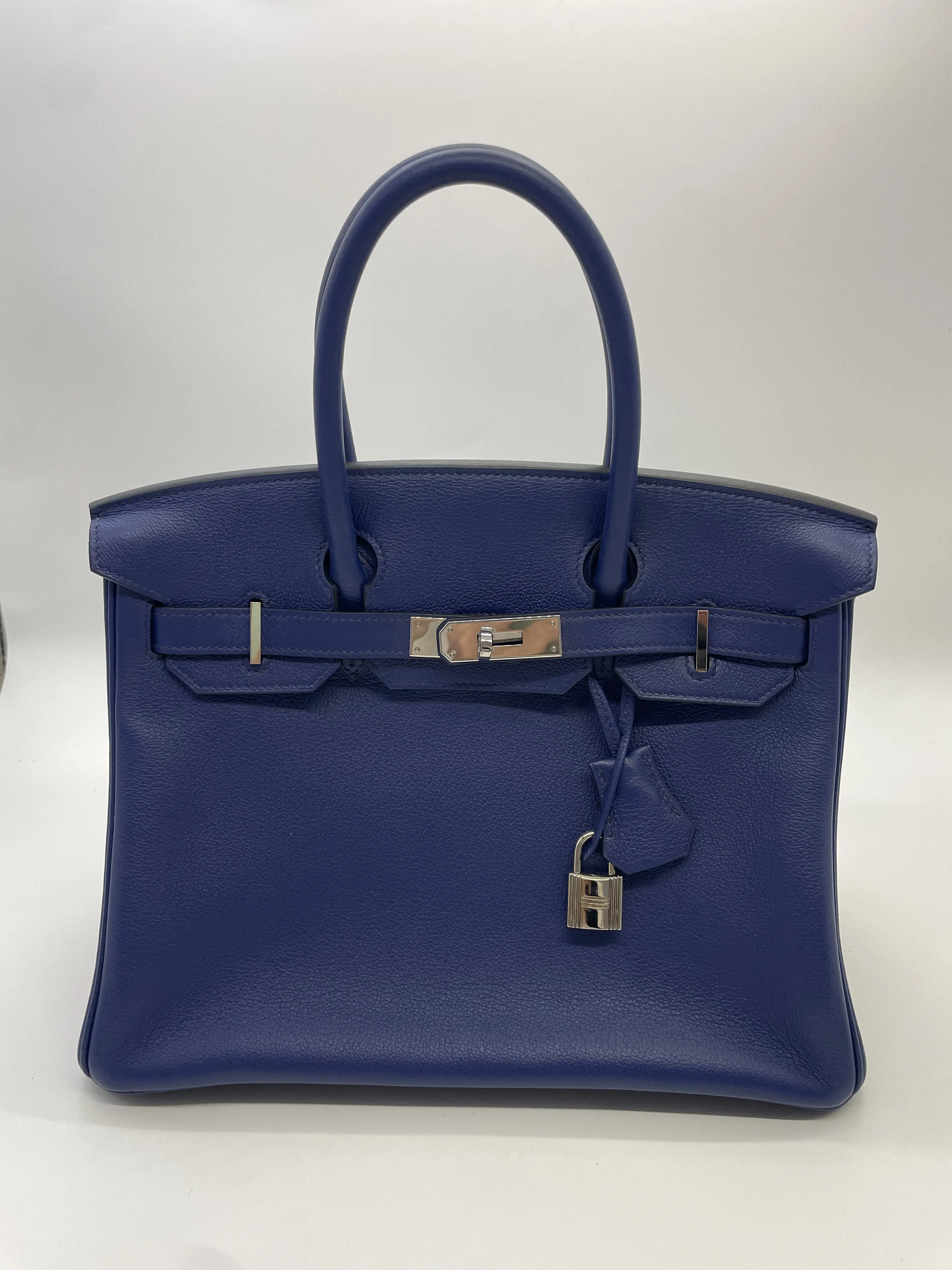 Pre-owned HERMÈS Birkin 30 Blue Evercolor Leather Palladium Hardware