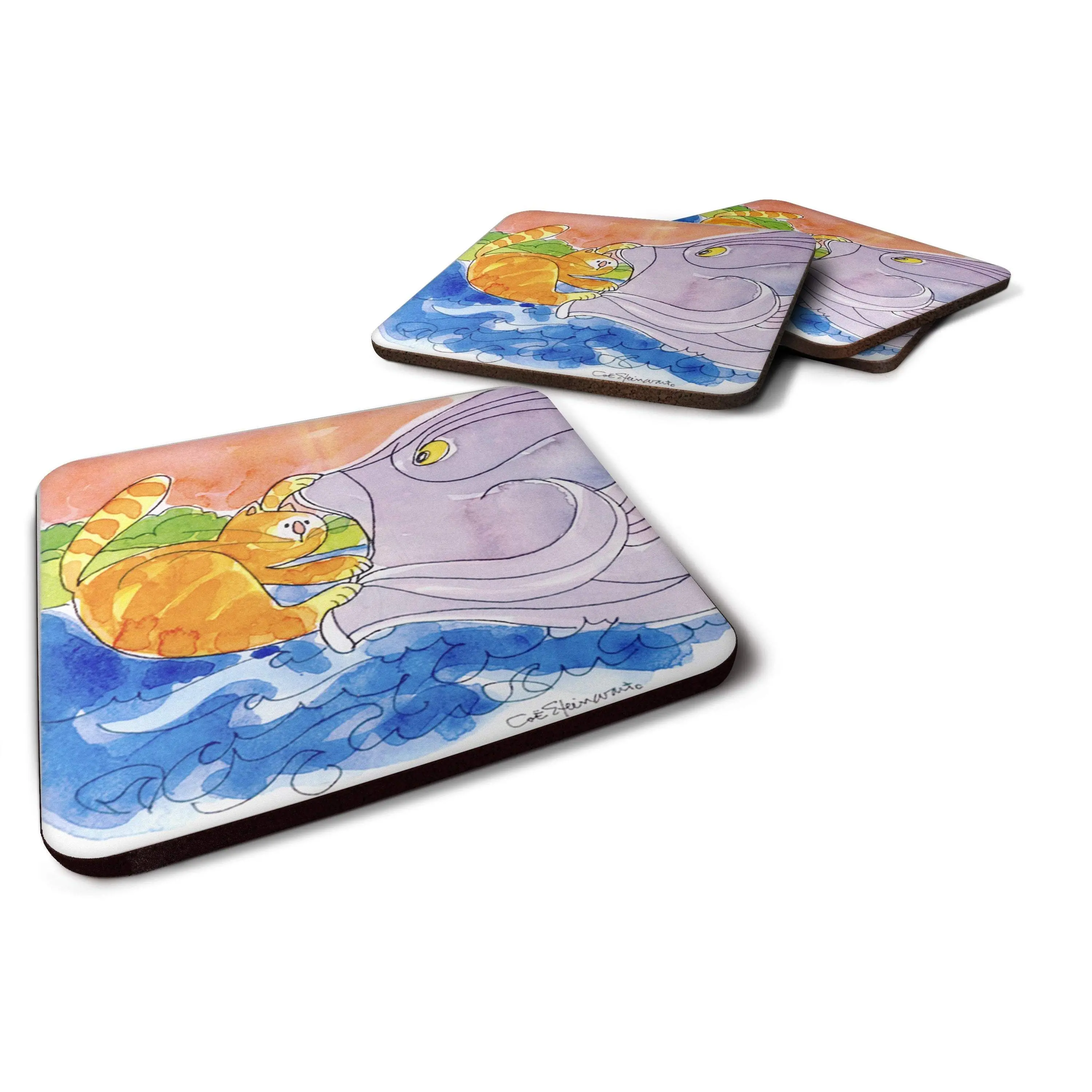4-Piece Cat and the Big Fish Foam Coasters, Kitchen Tableware Placemats & Coasters Set