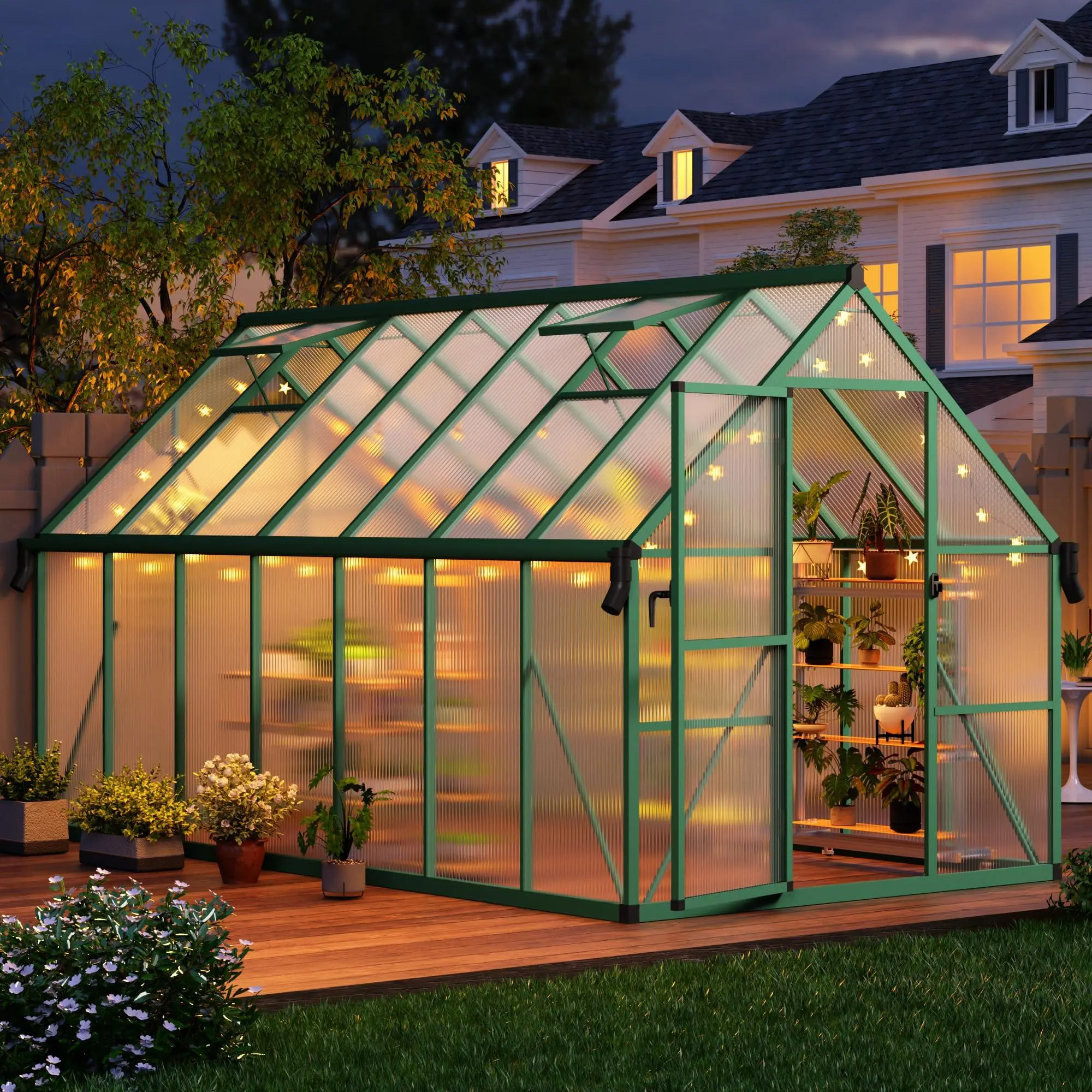 8x14 FT Outdoor Polycarbonate Greenhouse - Aluminum Walk-in Structure with Roof Vent, Ground Anchors, Lockable Push Door, UV Protection, Quick Slide Feature, Ground Nails for Garden Backyard (Green), Gardening, Reinforced Stability