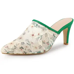 BLISSFUL STEP Stiletto Heels Pointed Toe Lace Slide Mules White Green