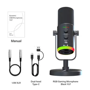 LSDus Studio YU7-Black Dynamic Microphone with USB/XLR Interface Shock Mount Touch Mute Gain Knob for Podcast Live Streaming Computer Recording Voice-over Audio Smartphone RGB Lighting