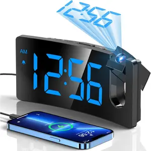 Projection  Clock, Digital Clock with Modern Curved Design 180 Rotatable Projector, 3-Level Brightness Dimmer, Clear Blue LED Display, Progressive Volume, 9mins Snooze,12/24H, for Bedroom
