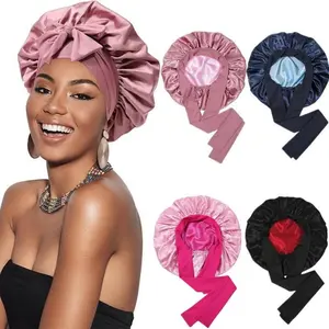 Double Layered Satin Night Caps Hair Care Silk-Like Bonnet Sleeping Hat Shower Caps for Women Nightcap With Elastic Tie Band Gifts Pink Haircare
