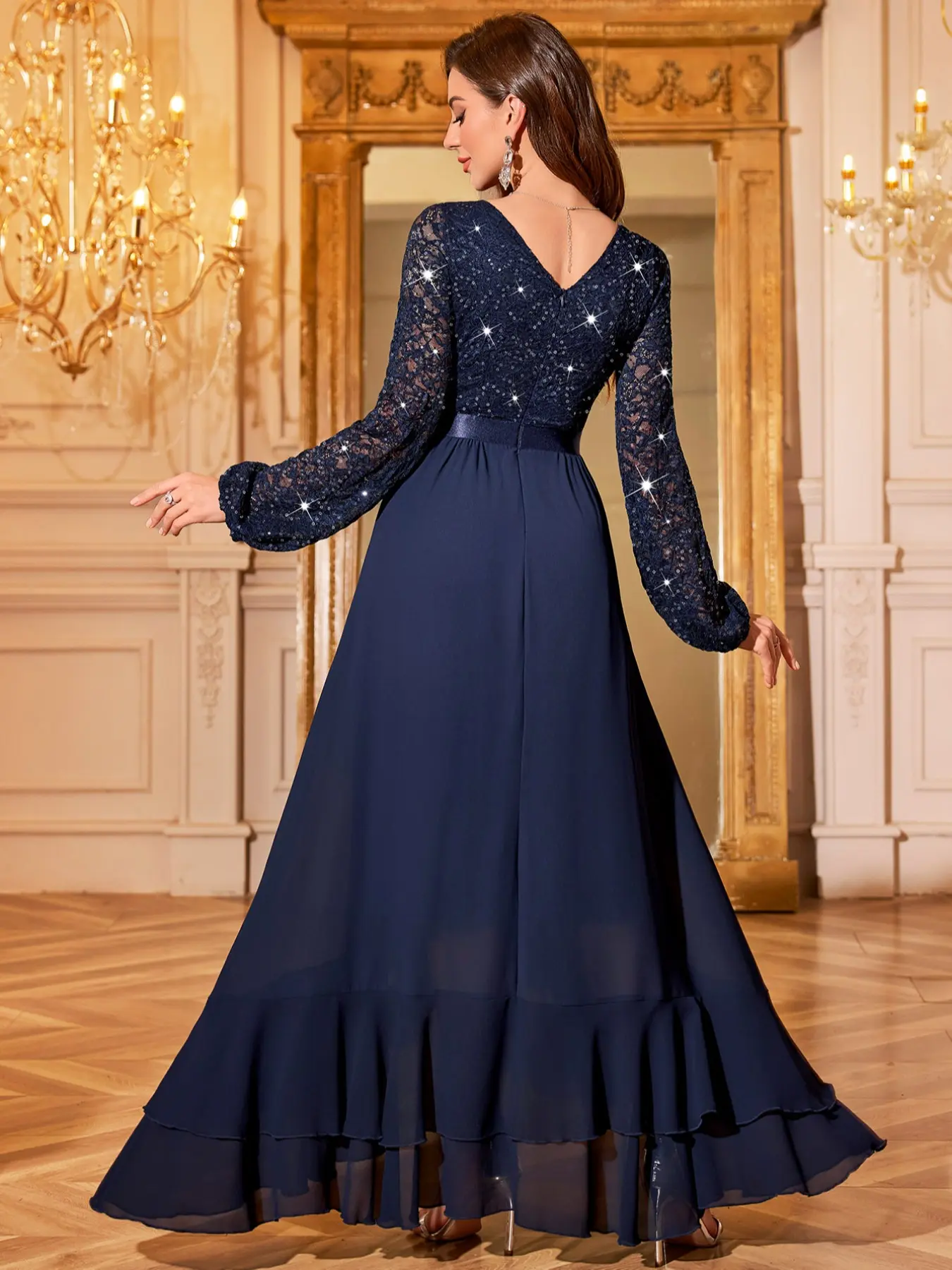 MIUSOL 34017A Sequin Glitter Floral Lace Chiffon V-Neck Long Lantern Sleeve Ruffle Hem Formal Party MIUSOL 34017A Sequin Glitter Floral Lace Chiffon V-Neck Long Lantern Sleeve Ruffle Hem Formal Party