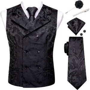Hi-Tie Double Breasted Suit Vest Tie Set For Men Waistcoat Lapel Pin Handkerchief Cufflinks Tie Clip Suit Tuxedo 6Pcs