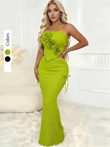 Women's New 3D Floral Halter Bodycon Dress Two-Piece Matching Set, Holiday Party Evening Gown, Stylish, Chic and Elegant Fashion, Formal Wear Skirt