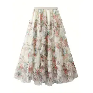 Floral Mesh Skirt -Beige-L