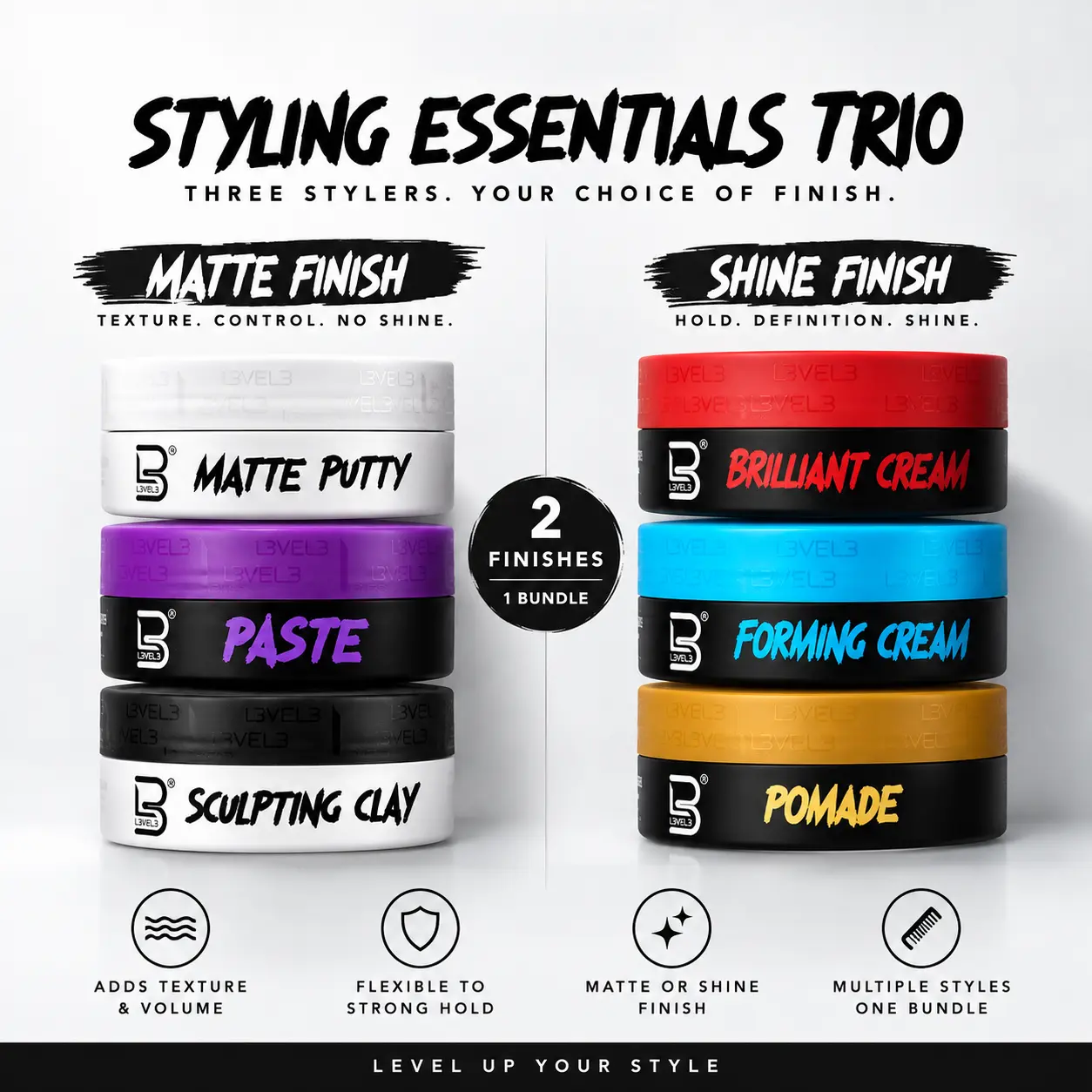 L3VEL3 Styling Essentials Trio – 3-Piece Hair Styling Bundle | Matte or Shine Finish