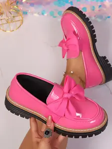 Bow Decorated Thick Sole Shiny PU Leather Women's Shoes, Japanese Jk Loafers, Versatile Commuter Fashion Height Increasing Platform Single Shoe