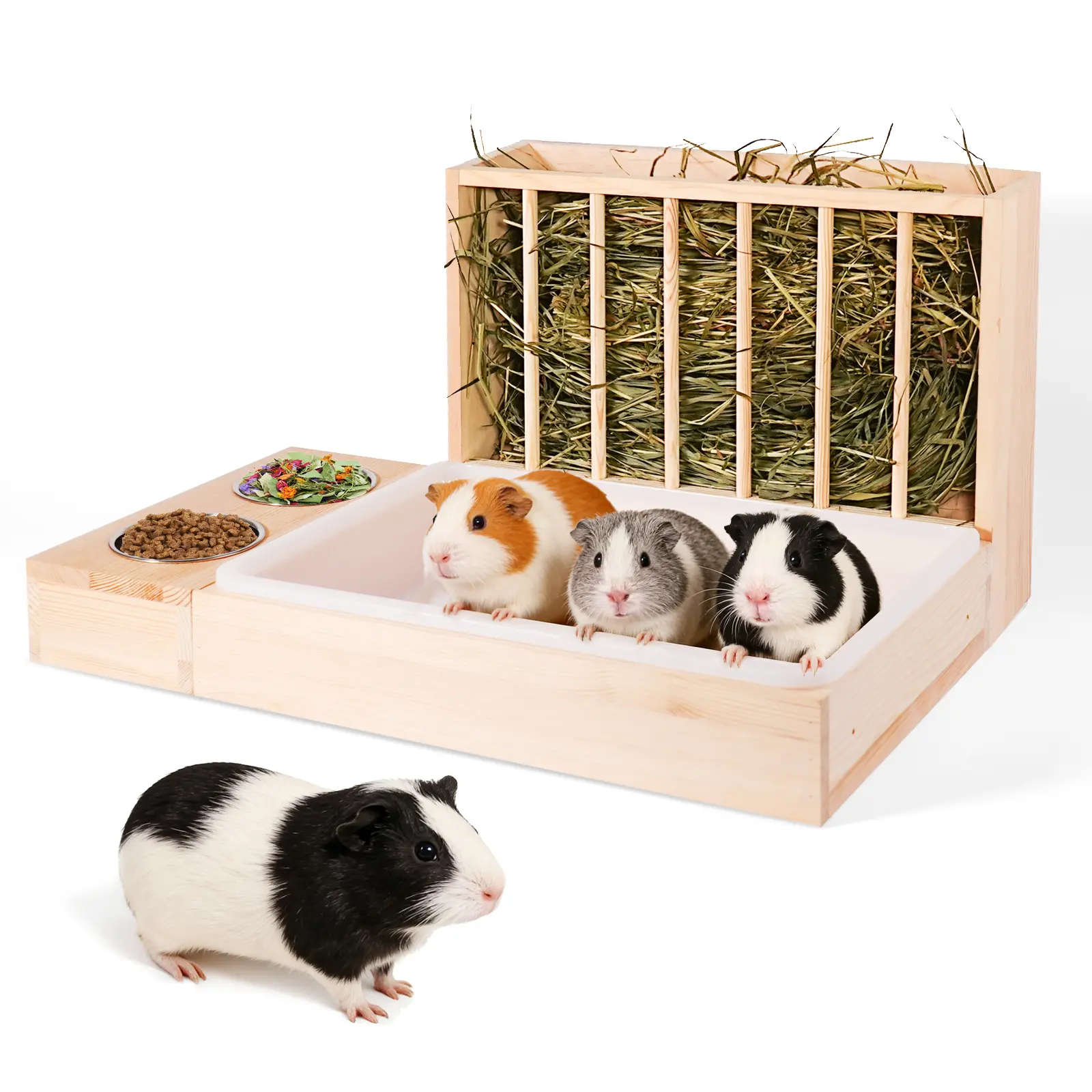 3-in-1 Wooden Guinea Pig Hay Feeder with Litter Box & Bowls, Space-Saving Small Animal Feeding Station for Guinea Pigs, Rabbits, Chinchillas