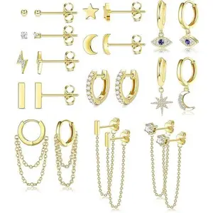 FINREZIO 12 Pairs Golden Silvery Stainless Steel Ear Hoops Studs for Women Men Cute Moon Star Dangle Hoop Earrings Ball Bar Stud Earrings Set Shining CZ Chain Drop Earrings Small Huggie Hoop Cartilage Earrings