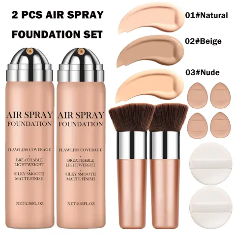 QIUFSSE 2Pcs Liquid Airbrush Cosmetic Foundation - Lightweight, Longwear, Waterproof, Buildable Matte Coverage, 01#Natural+01#Natural, 01#Warm Porcelain (Natural)+03#Nude, Skin-Friendly for Mature Skin, Smooth Radiant Finish